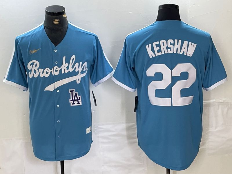 Men Los Angeles Dodgers #22 Kershaw Light blue Throwback 2024 Nike MLB Jersey style 2